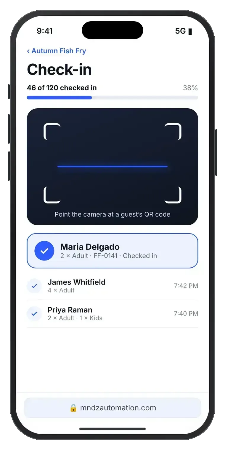 Check-in screen scanning a guest's QR code