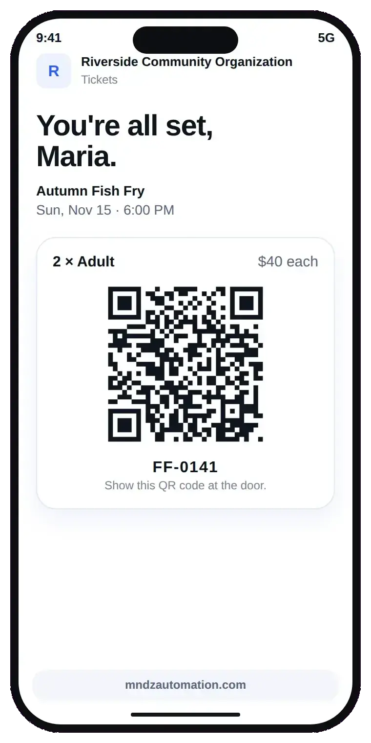 Guest ticket page with a QR code on a phone